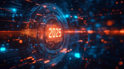 Obraz premium An artistic representation of the year 2025 showcasing futuristic technology themes with vibrant blue and orange digital elements spiraling in design.