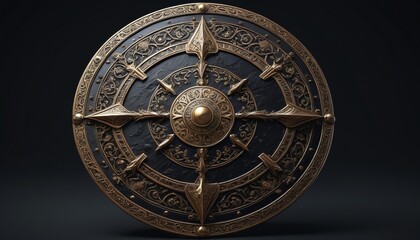 Obraz premium A robust ancient shield featuring intricate battle scenes, resting against a smooth black surface, Generative AI
