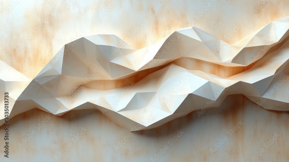 Fototapete An abstract composition features a series of intricate paper folds creating a wavy effect. The artwork is set against a warm, textured beige backdrop, offering a modern artistic vibe.