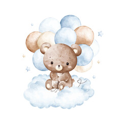 Watercolor Illustration Baby Teddy Bears and Blue Balloons Sits on Cloud