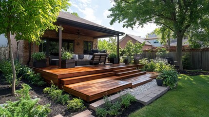 A beautifully landscaped backyard features a modern wooden deck adorned with furniture, offering a serene outdoor retreat bathed in natural sunlight.