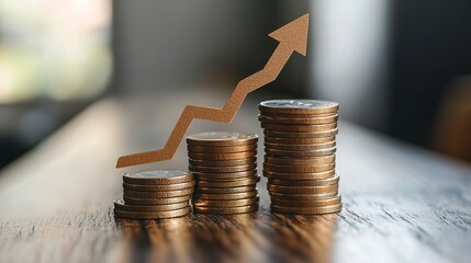 Neatly stacked coins adjacent to an upward-pointing arrow graphically depict financial growth, success, and the positive trajectory of economic progress.