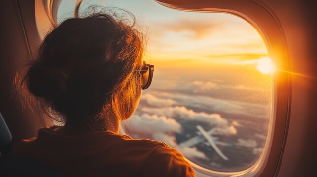 A woman looks out from a plane window at a colorful sunset, reflecting on the horizon of clouds, capturing a sense of wonder and the beauty of travel and exploration. - Powered by Adobe