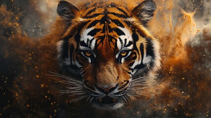 Fototapeta premium A strikingly detailed image of a tiger's face, with intense eyes gazing forward, is artistically enveloped in swirling smoky textures, emphasizing its majestic presence.