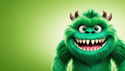 Fototapeta premium Happy green furry monster isolated on green background
