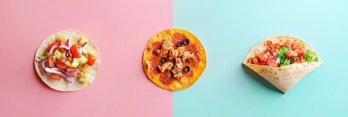 Tacos and pizza are creatively arranged in geometric order against a colorful backdrop, showcasing diverse street food offerings. Generative AI