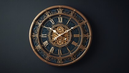 A beautifully designed wall clock with ornate hands, hanging elegantly against a dark wall, Generative AI