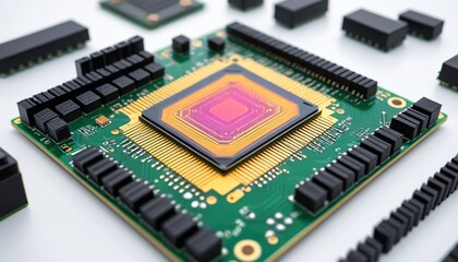 A visualization of a silicon wafer integrated into a circuit board, illustrating its role in electronic devices, against a bright white background, Generative AI