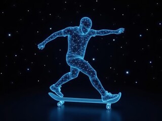 blue holographic character of a skateboarder jumping in the air.