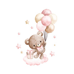 Watercolor Illustration Baby Teddy Bears and Blue Balloons on Cloud