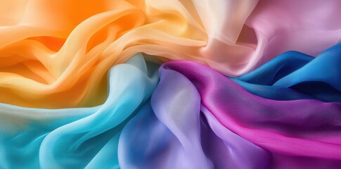 Fototapeta premium Ethereal chiffon fabric in vibrant rainbow colors, flowing gracefully and dynamically in a soft, airy breeze.