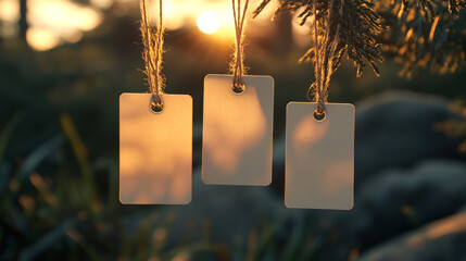 Three blank paper gift tags hanging from a tree branch with twine at sunset, representing nature-inspired labels, eco-friendly tags, and rustic design concepts