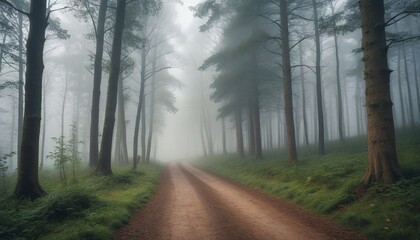 Obraz premium A forest path engulfed in mist, with trees fading into the distance and a sense of mystery hanging in the air, emphasizing the unpredictable nature of weather, Generative AI
