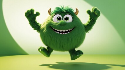 Fototapeta premium A happy green furry monster isolated on green background