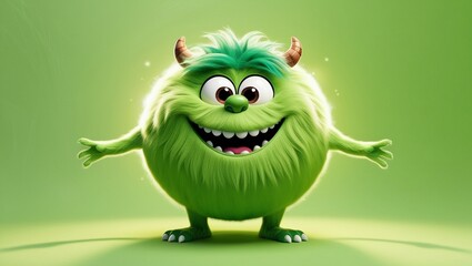 Naklejka premium A happy green furry monster isolated on green background