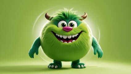 Fototapeta premium A happy green furry monster isolated on green background