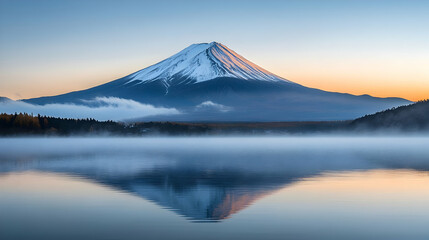 Mountain Reflection in Still Waters, A Misty Morning Landscape