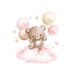 Watercolor Illustration Baby Teddy Bears and Pink Balloons on Cloud