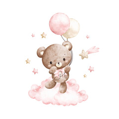Watercolor Illustration Baby Teddy Bears and Pink Balloons on Cloud