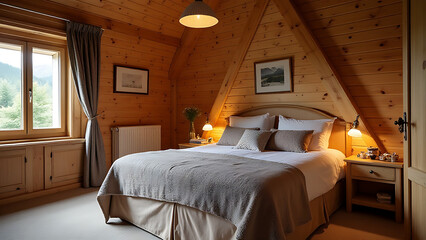 The wooden accents in this cozy chalet add a touch of warmth to its rustic charm and traditional atmosphere.