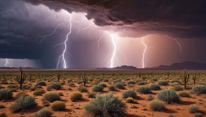 A high desert landscape under a fierce thunderstorm, with dramatic lightning illuminating the arid land and rain-soaked earth, Generative AI