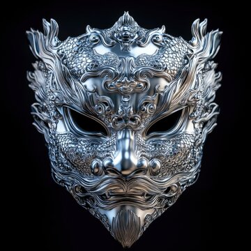 Chinese traditional Nuo opera silver metal mask on black background
