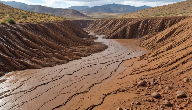 An arid landscape transformed by a sudden downpour, with mudslides cascading down hillsides and pooling in low areas, creating a scene of tumult, Generative AI