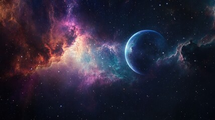 Obraz premium Colorful nebula with planet and stars in deep space