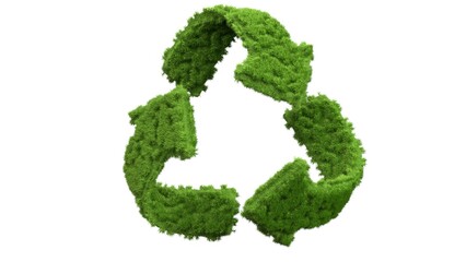 Recycle symbol mark as deep green fluffy moss, 3d modeling procedural geometric mossy objects and materials on white background.