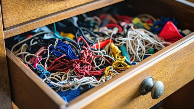 Drawer filled with tangled assortments of colorful strings and threads