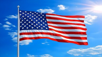 Fototapeta premium Majestic American Flag Waving Proudly in the Wind Against Clear Blue Sky