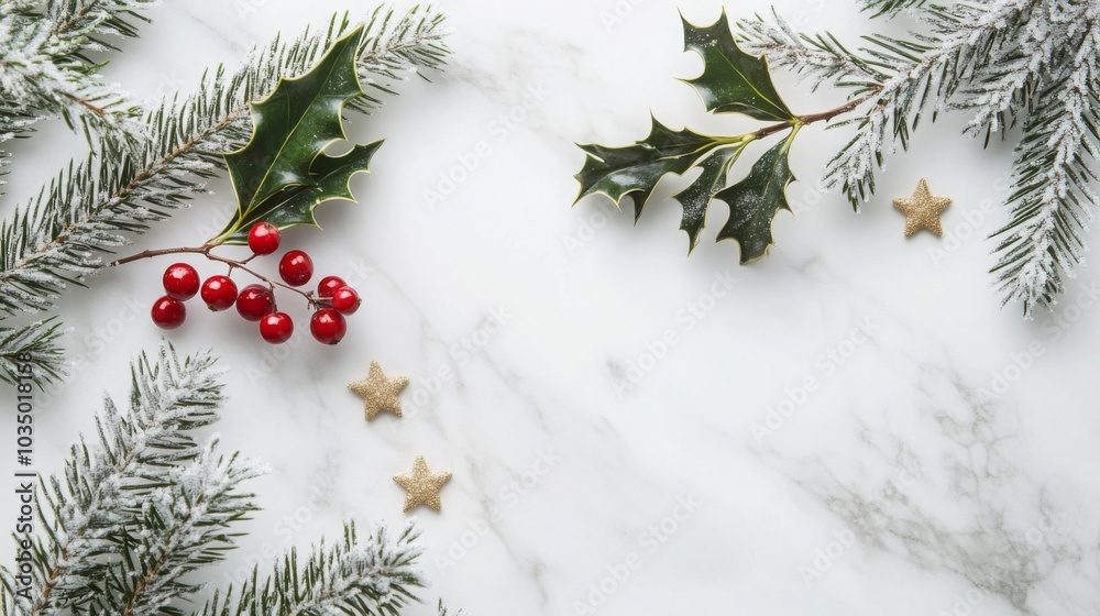 Poster closeup of a white marble surface with sprigs of holly and pine. the holly has bright red berries an
