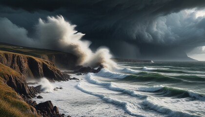 Fototapeta premium A rugged coastal landscape being battered by high winds and heavy rain, with waves crashing onto the shore and dark clouds looming overhead, illustrating nature's wrath, Generative AI
