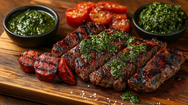 Argentinian asado with grilled meats, chorizo, and chimichurri sauce, served on a wooden board
