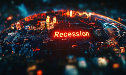 "Recession" displayed on a digital globe.
