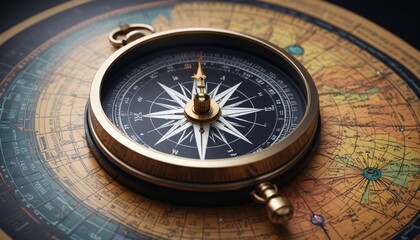 An intricately designed compass with glowing markings, resting on a black leather map, symbolizing adventure and exploration, Generative AI