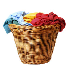 Isolated wicker basket with colorful clothes on white background