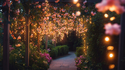 An enchanting evening scene illuminated by fairy lights hanging among flowering shrubs, creating a magical ambiance.