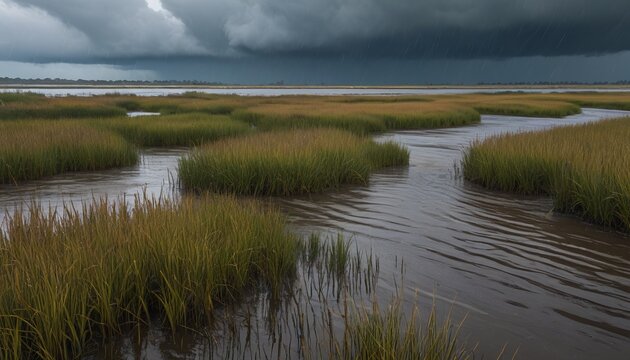 A coastal marshland during a fierce rainstorm, with flooding waters and bent grasses illustrating the impact of severe weather on natural ecosystems, Generative AI