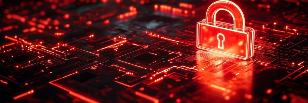 A glowing red padlock on a digital circuit board represents cybersecurity, indicating protection and data privacy, crucial in the digital age for safe online navigation.