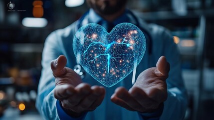 A doctor in a lab coat holds a glowing digital heart hologram, symbolizing advanced healthcare technology and innovation in medical fields and professions.