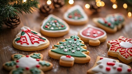 A delightful assortment of festive Christmas cookies, brightly decorated with icing, capturing the joyous and cheerful spirit of the holiday season.