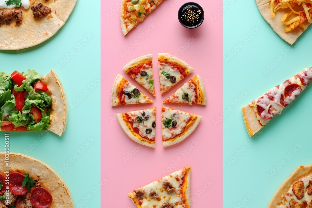Aufkleber an array of vibrant street food including tacos and pizza, artfully arranged in geometric styles on 