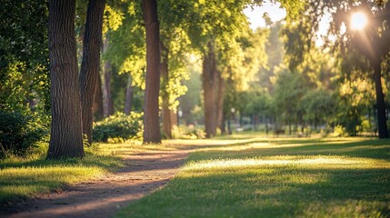 Naklejka premium Serene Park Pathway in Golden Sunset Light