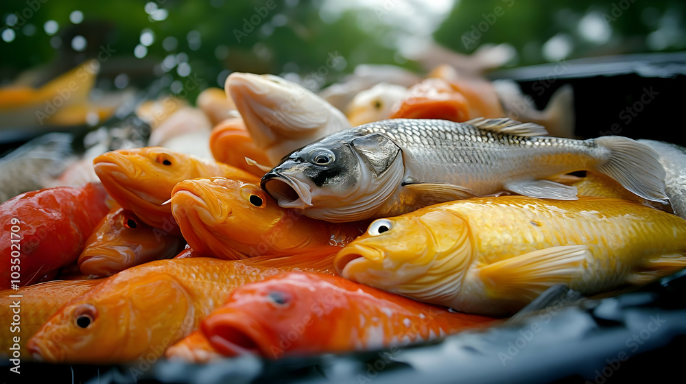 Wall mural Colorful Fish Swimming in a Pond, A Close-Up of a Group of Fish in the Water, A Variety of Fish Species Swimming Together in a Pond