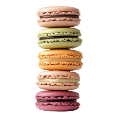 Colorful macarons stacked on white background