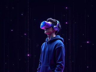 Futuristic neon hologram figure in virtual reality space with VR glasses, with cosmic atmosphere around him.