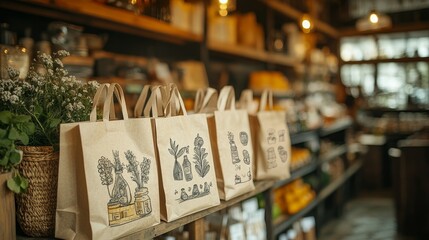 Vintage style zero-waste grocery bags, paper and cloth materials with hand-drawn eco slogans, set in a small local shop, warm sepia tones, detailed sketch