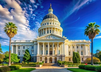Obraz premium The California State Capitol Building in Sacramento stands majestically under a clear blue sky, highlighting its stunning neoclassical architecture and rich historical significance.