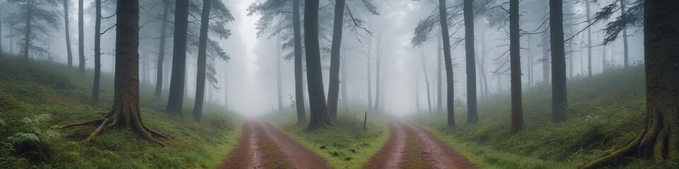Obraz premium A forest path engulfed in mist, with trees fading into the distance and a sense of mystery hanging in the air, emphasizing the unpredictable nature of weather, Generative AI